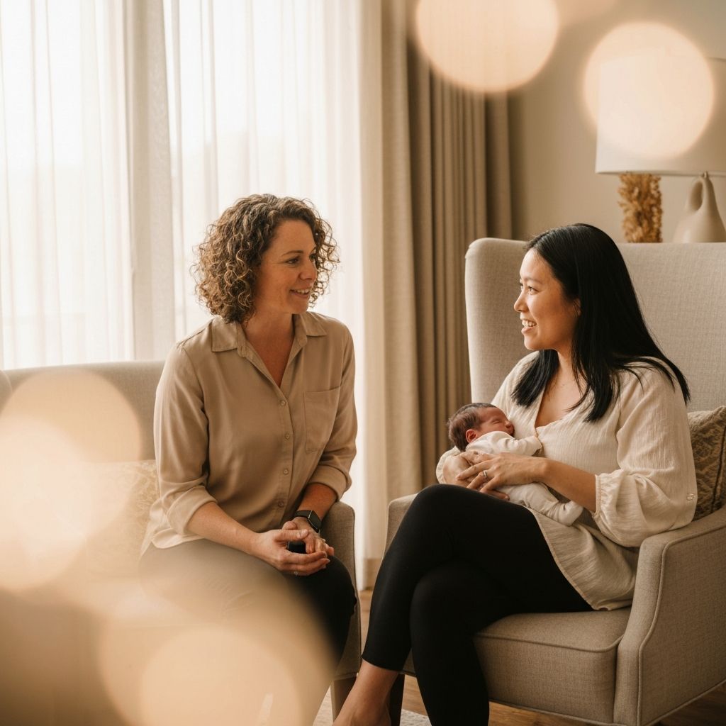 A therapist in warm conversation with a new mother in a serene hotel suite