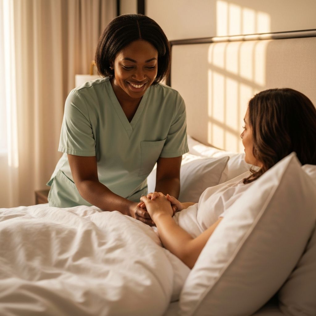 A nurse warmly supporting a new mother in a luxury suite
