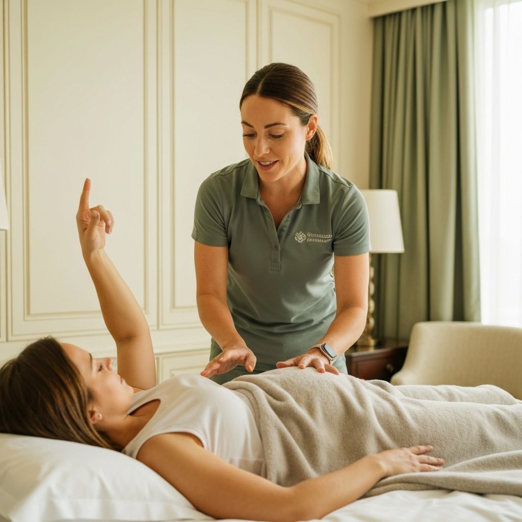 A physical therapist working with a postpartum patient in a warm, comfortable room